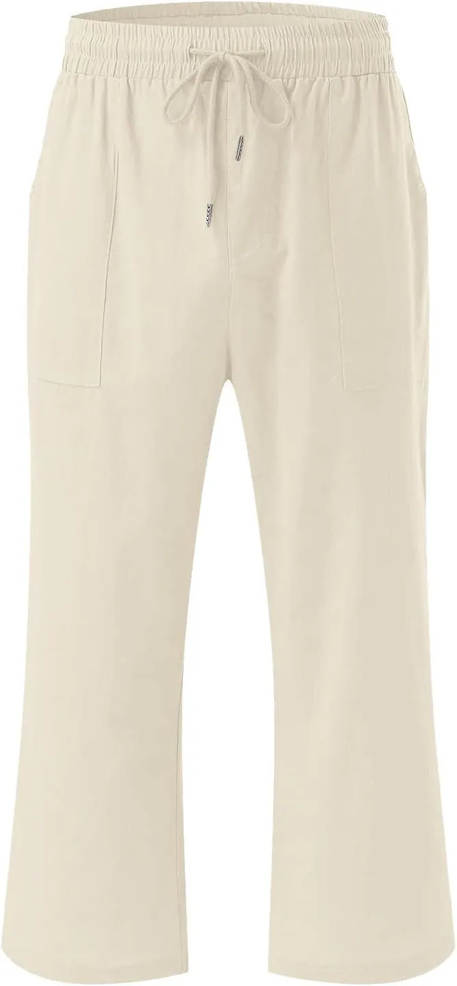 Capri Pants for Women Linen Casual Summer 2025 Straight Leg Pant Loose Drawstring Elastic Waist Cropped Trousers