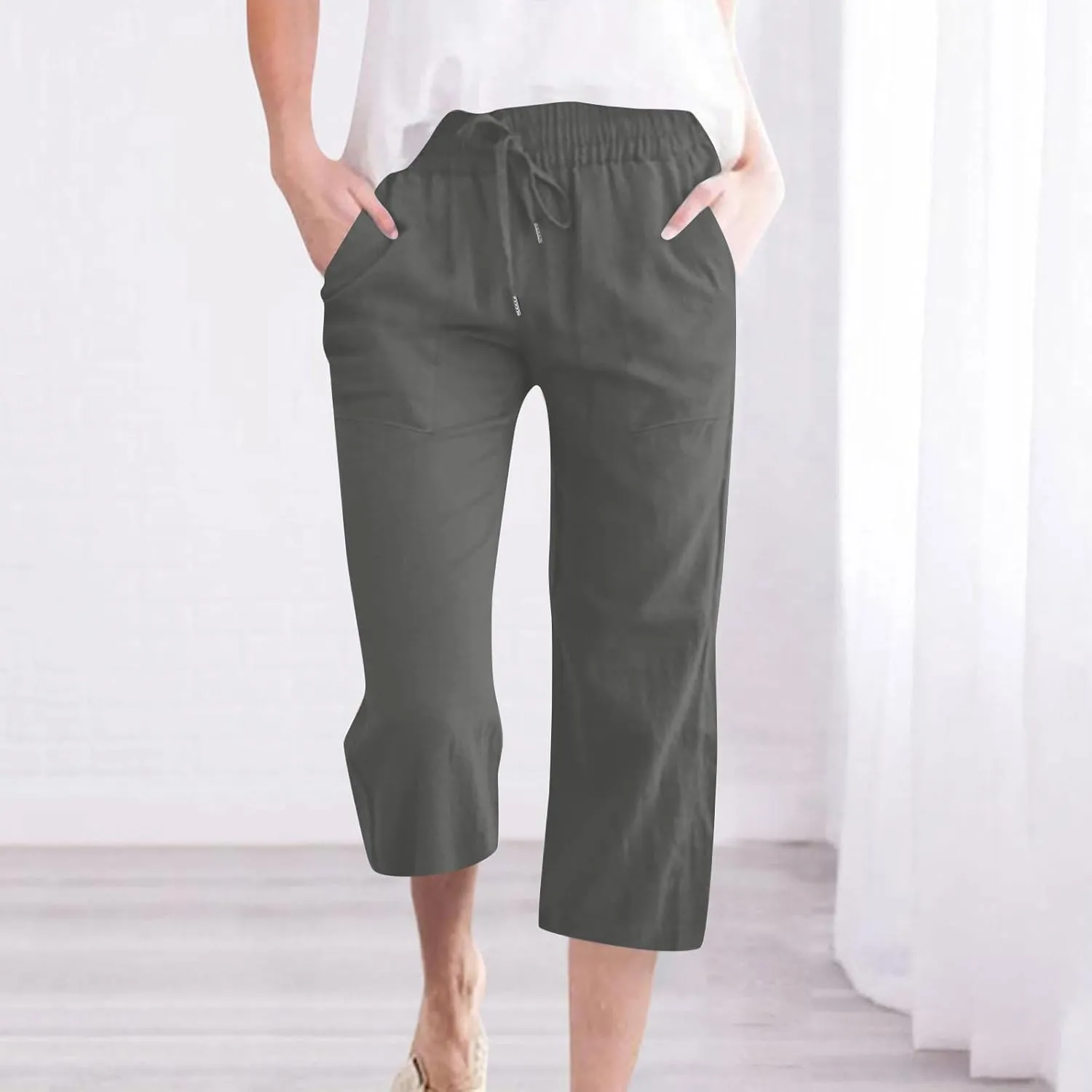 Capri Pants for Women Linen Casual Summer 2025 Straight Leg Pant Loose Drawstring Elastic Waist Cropped Trousers