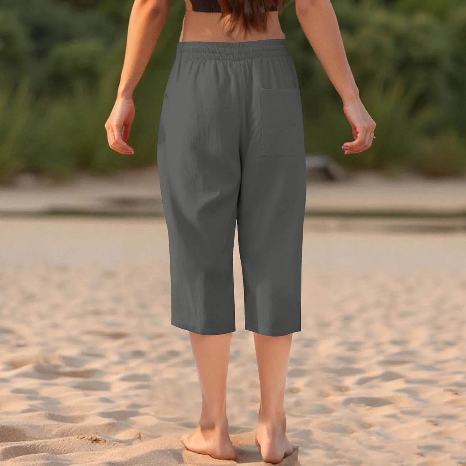 Capri Pants for Women Linen Casual Summer 2025 Straight Leg Pant Loose Drawstring Elastic Waist Cropped Trousers