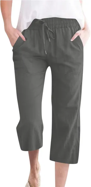 Capri Pants for Women Linen Casual Summer 2025 Straight Leg Pant Loose Drawstring Elastic Waist Cropped Trousers