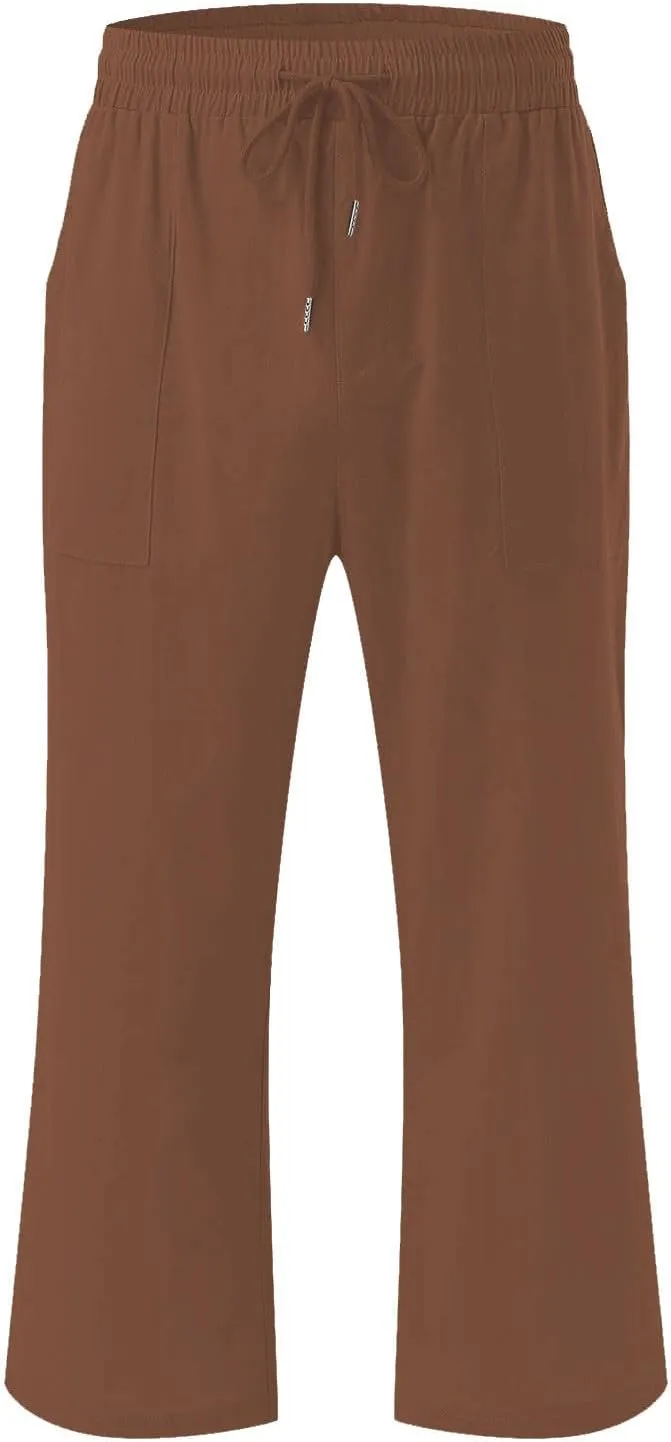 Capri Pants for Women Linen Casual Summer 2025 Straight Leg Pant Loose Drawstring Elastic Waist Cropped Trousers
