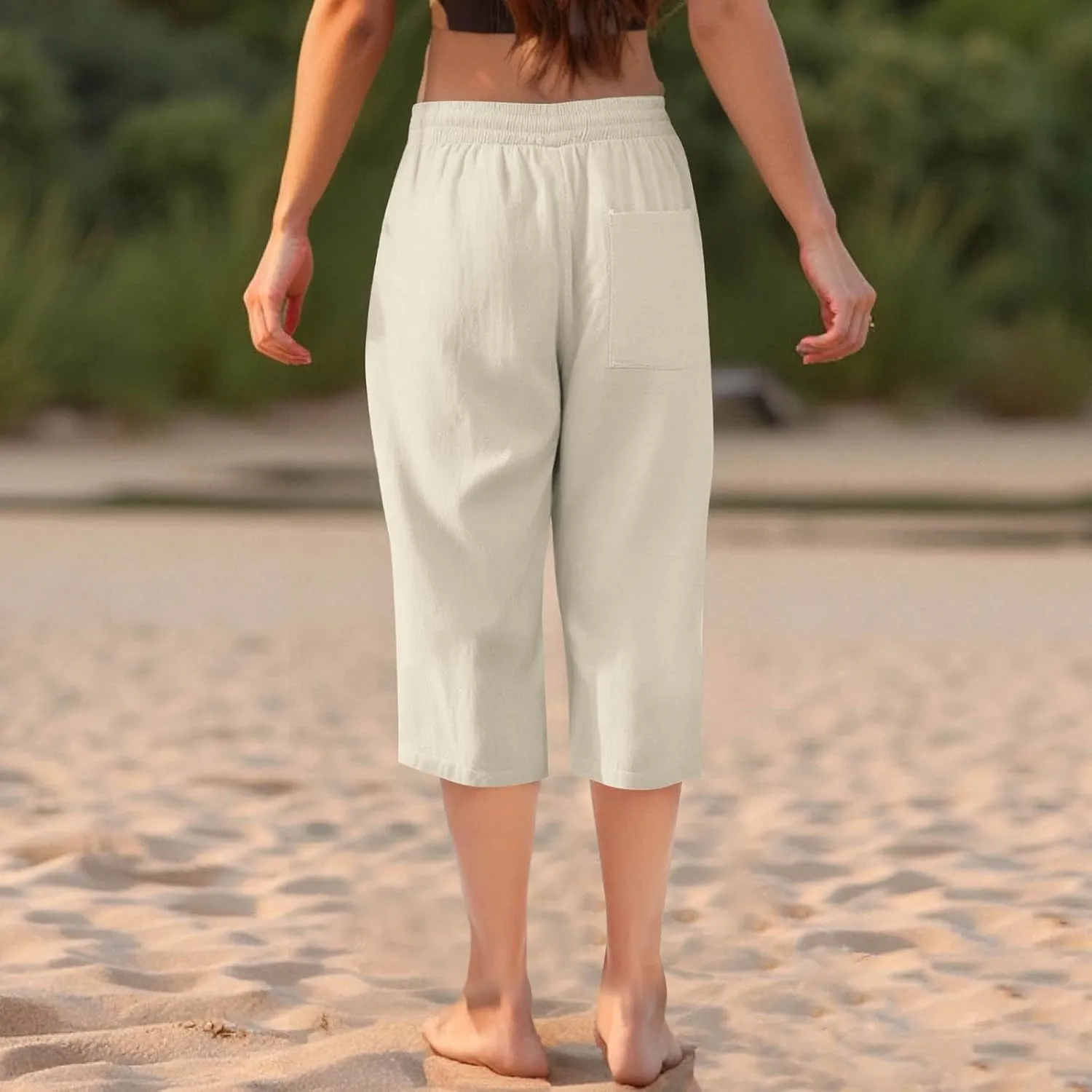 Capri Pants for Women Linen Casual Summer 2025 Straight Leg Pant Loose Drawstring Elastic Waist Cropped Trousers