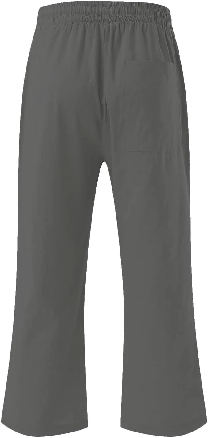 Capri Pants for Women Linen Casual Summer 2025 Straight Leg Pant Loose Drawstring Elastic Waist Cropped Trousers