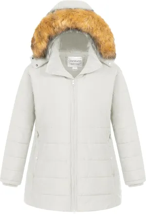 Chrisuno Women's Plus Size Winter Puffer Jacket Warm Long Winter Coats Quilted Waterproof Fleece Lined Detachable Fur Hood