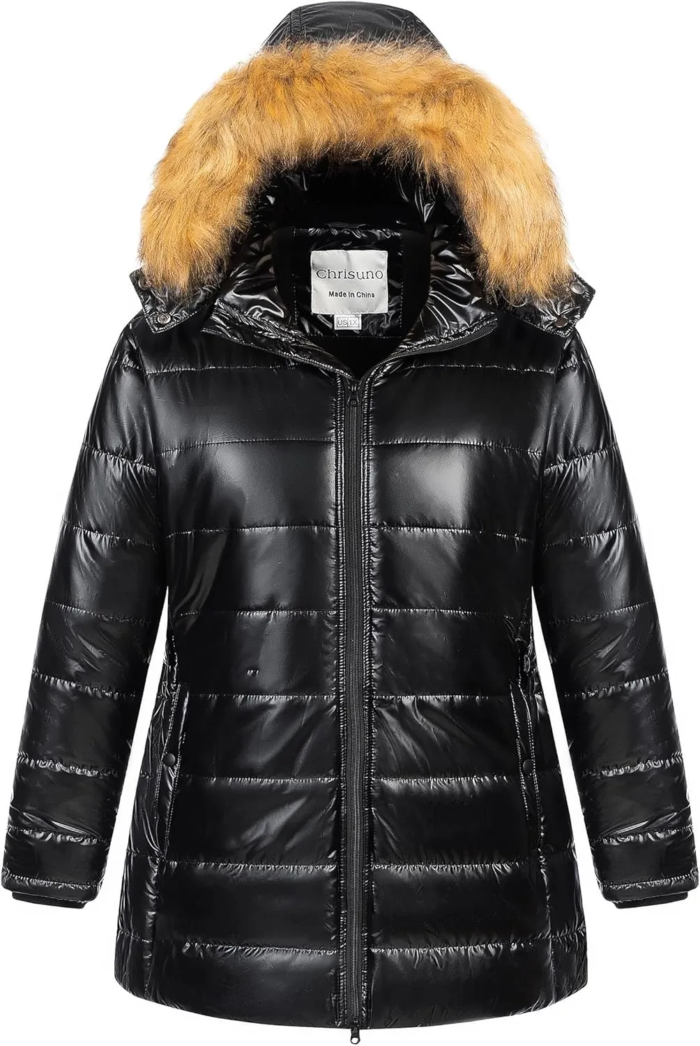 Chrisuno Women's Plus Size Winter Puffer Jacket Warm Long Winter Coats Quilted Waterproof Fleece Lined Detachable Fur Hood