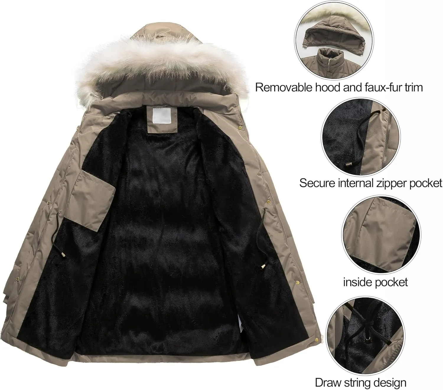 Chrisuno Women's Winter Warm Coats Puffer Jacket Long Drawstring Waterproof Snow Parka With Removable Faux Fur Trim Hood