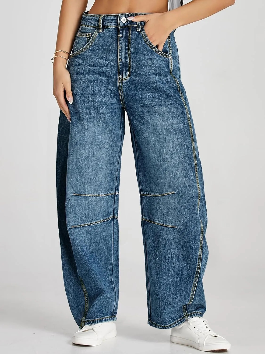 Cicy Bell Womens Baggy Barrel Jeans Boyfriend Wide Leg Mid Rise Balloon Denim Ankle Pants