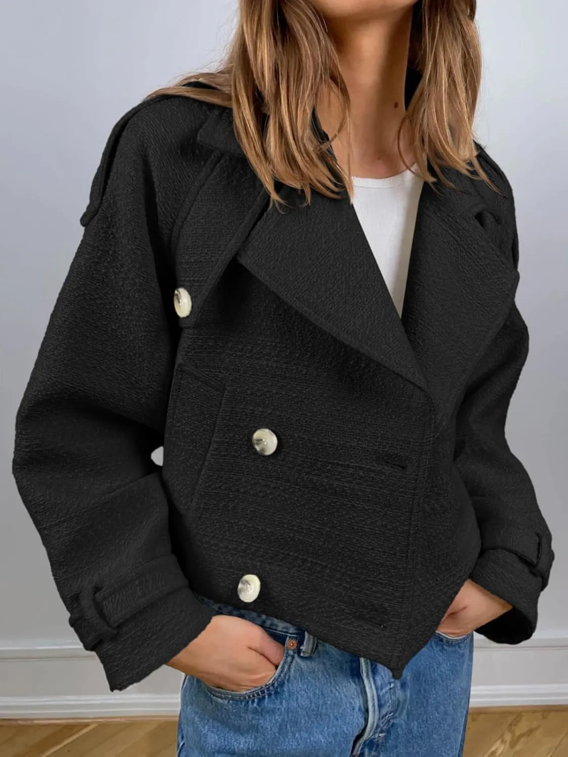 Cicy Bell Womens Cropped Tweed Jackets Casual Double Breasted Long Sleeve Outerwear Open Front Loose Fit Coats