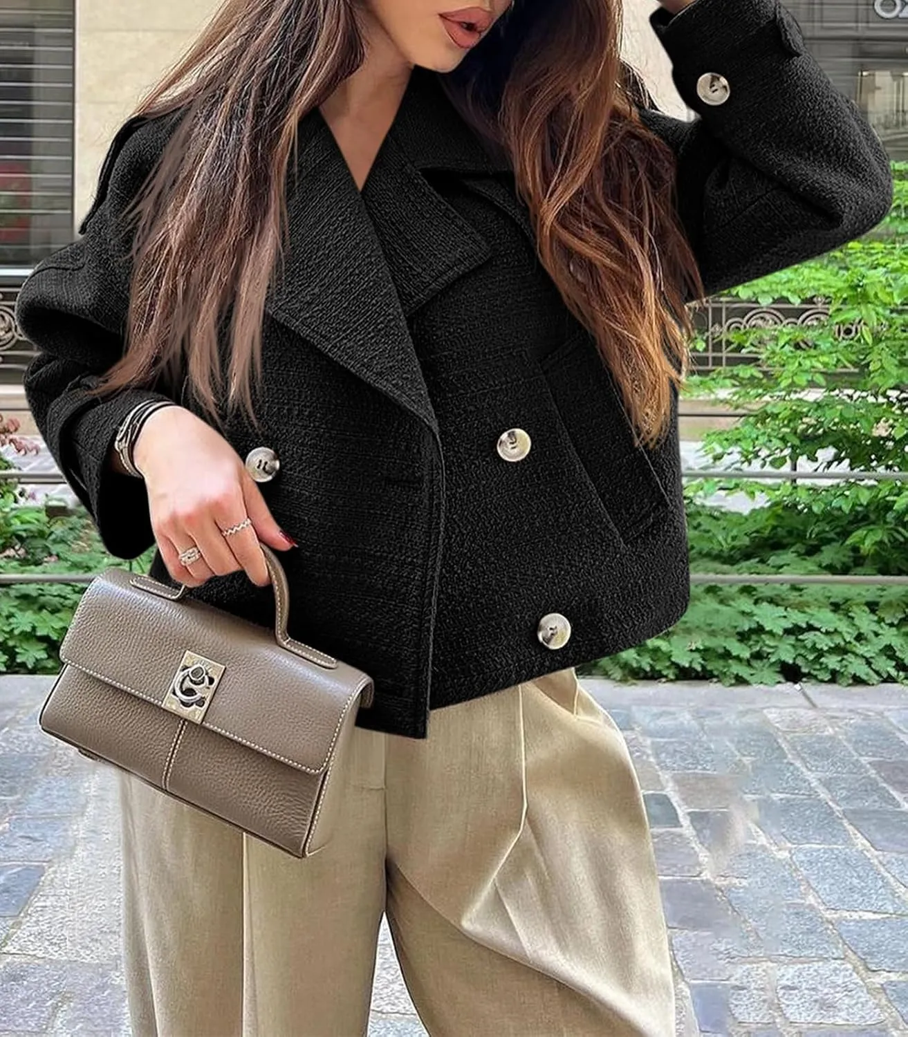 Cicy Bell Womens Cropped Tweed Jackets Casual Double Breasted Long Sleeve Outerwear Open Front Loose Fit Coats