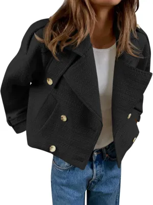 Cicy Bell Womens Cropped Tweed Jackets Casual Double Breasted Long Sleeve Outerwear Open Front Loose Fit Coats