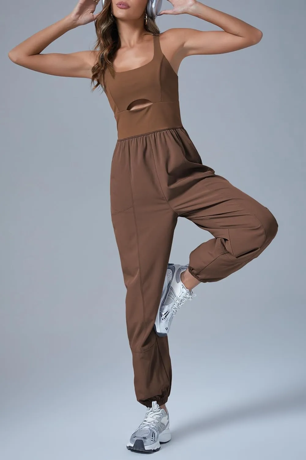 Cicy Bell Women's Workout Athletic Jumpsuits Activewear Yoga Running Cross Back Long Pants Romper with Pockets