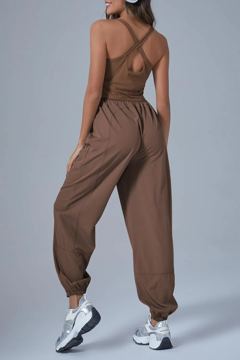 Cicy Bell Women's Workout Athletic Jumpsuits Activewear Yoga Running Cross Back Long Pants Romper with Pockets