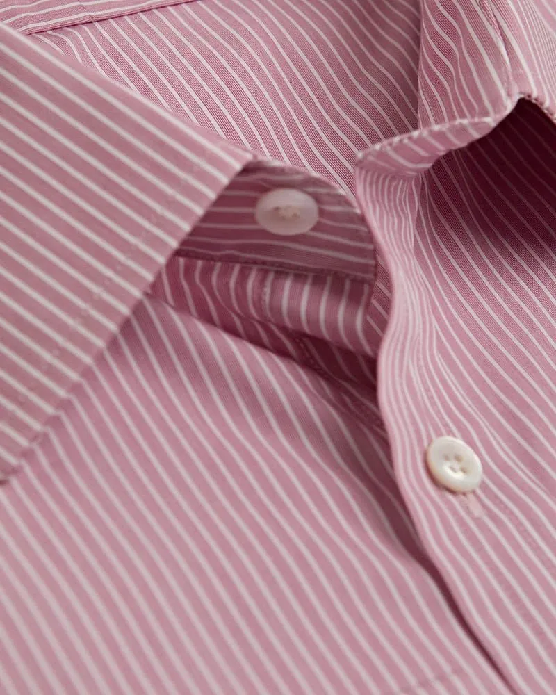 Contemporary Fit, Classic Collar, 2 Button Cuff Shirt in a Wine & White Fine Stripe Poplin Cotton