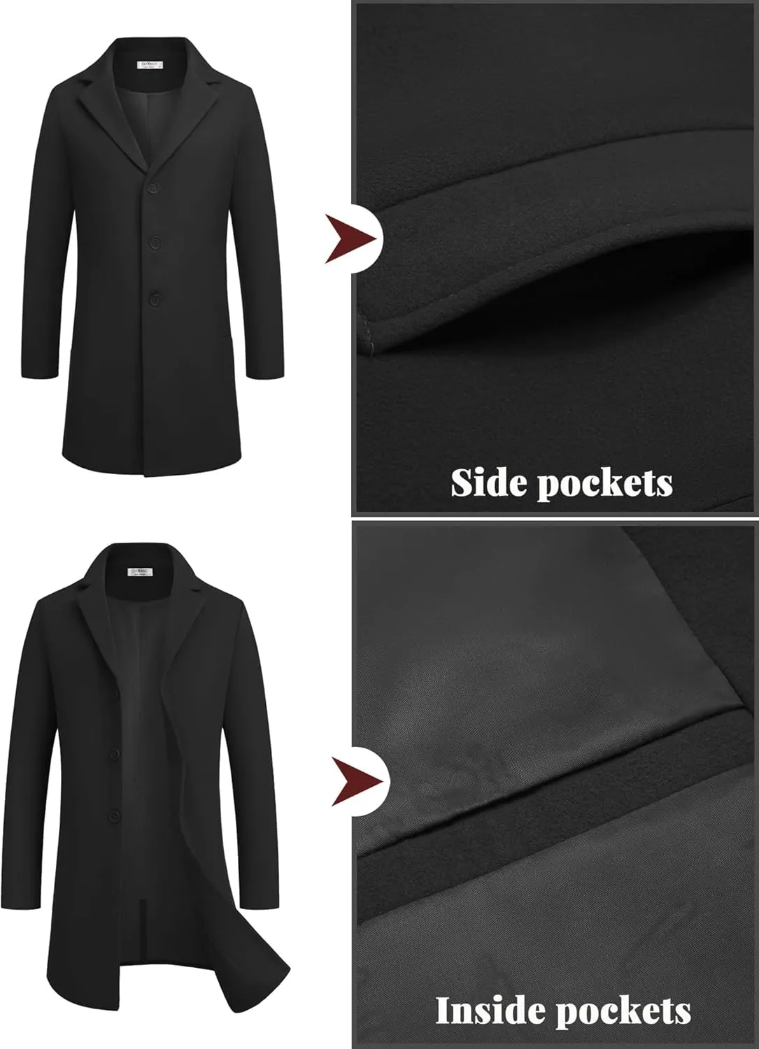 COOFANDY Mens Wool Blend Coat Winter Trench Coats Notched Lapel Collar Single Breasted Overcoat Classic Peacoat With Pockets