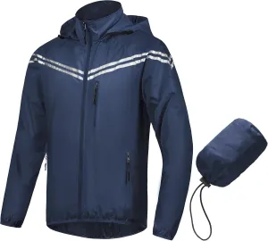 CREATMO US Men's Packable Waterproof Running Rain Coats Reflective Cycling Jacket Windbreaker With Removable Hood