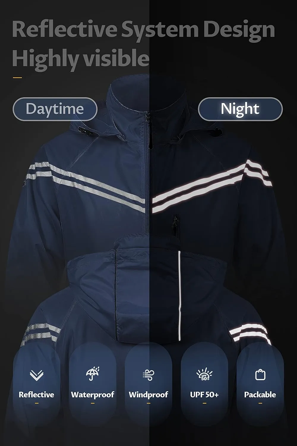 CREATMO US Men's Packable Waterproof Running Rain Coats Reflective Cycling Jacket Windbreaker With Removable Hood