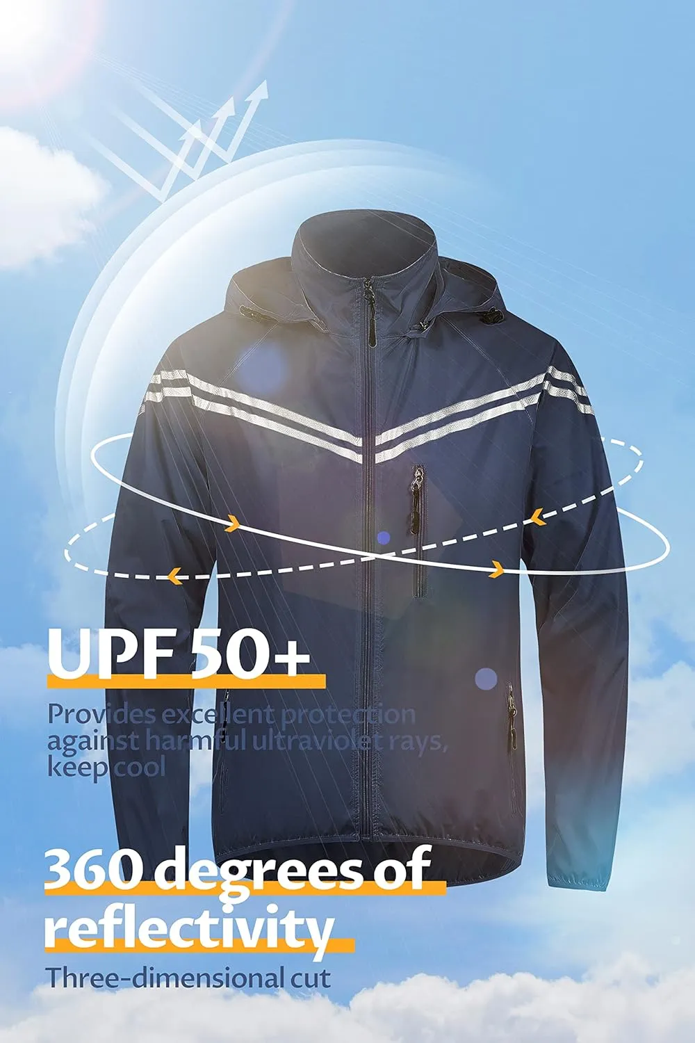 CREATMO US Men's Packable Waterproof Running Rain Coats Reflective Cycling Jacket Windbreaker With Removable Hood