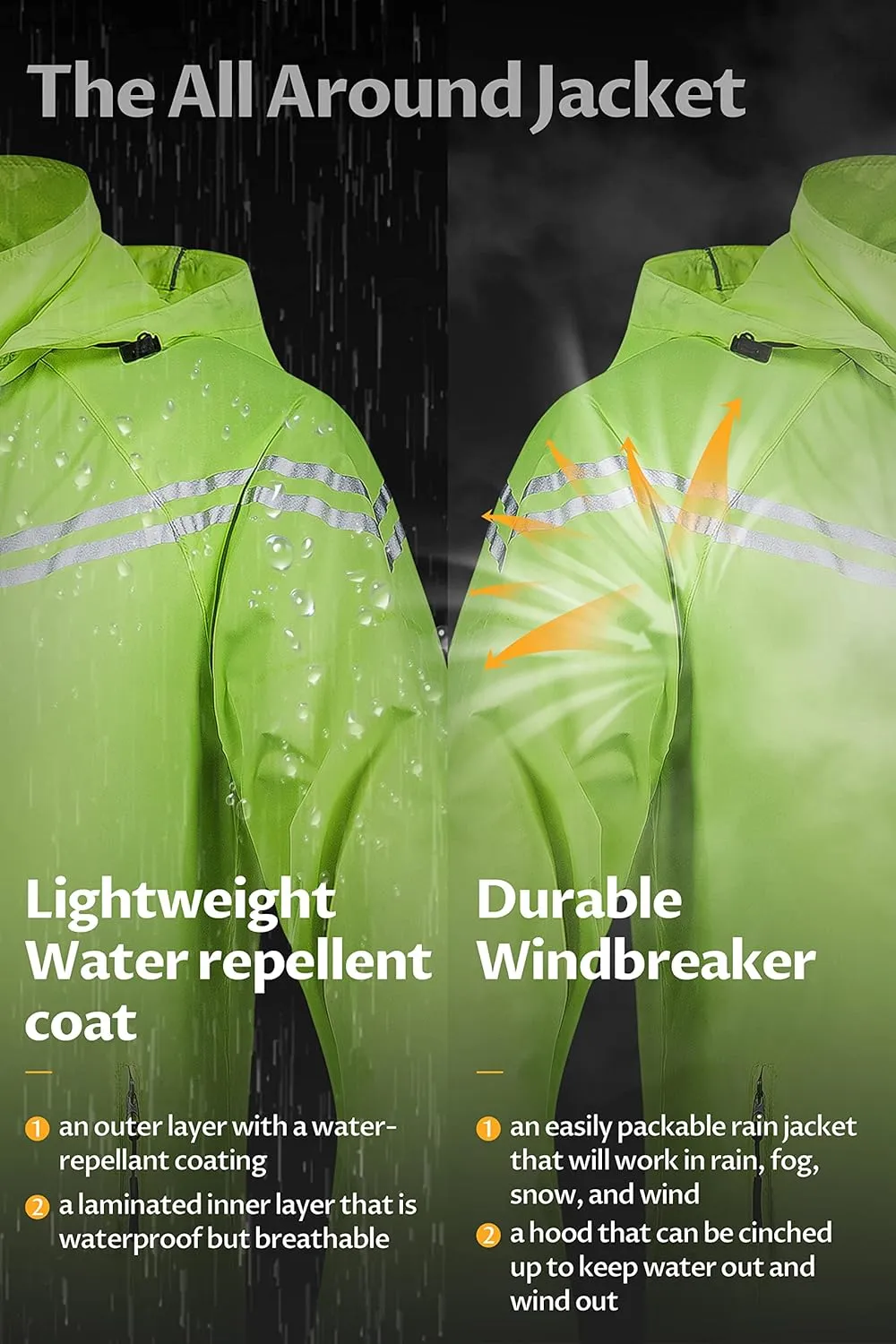CREATMO US Men's Packable Waterproof Running Rain Coats Reflective Cycling Jacket Windbreaker With Removable Hood