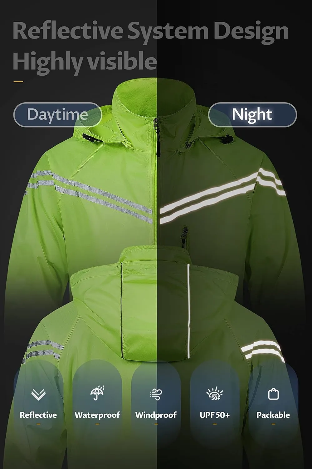 CREATMO US Men's Packable Waterproof Running Rain Coats Reflective Cycling Jacket Windbreaker With Removable Hood