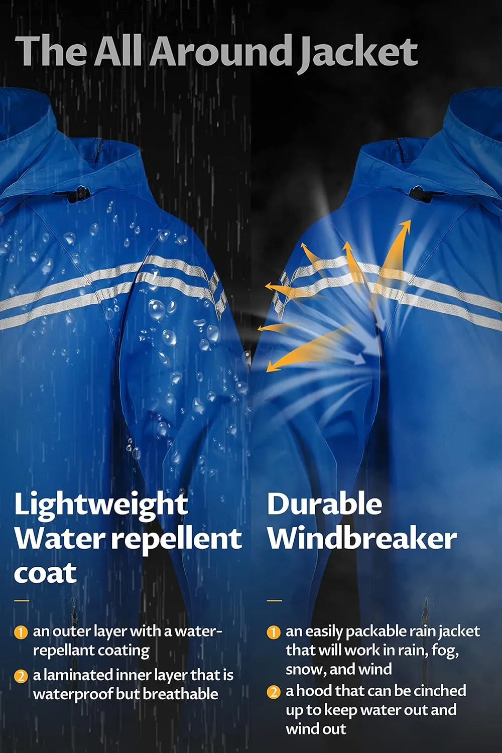 CREATMO US Men's Packable Waterproof Running Rain Coats Reflective Cycling Jacket Windbreaker With Removable Hood