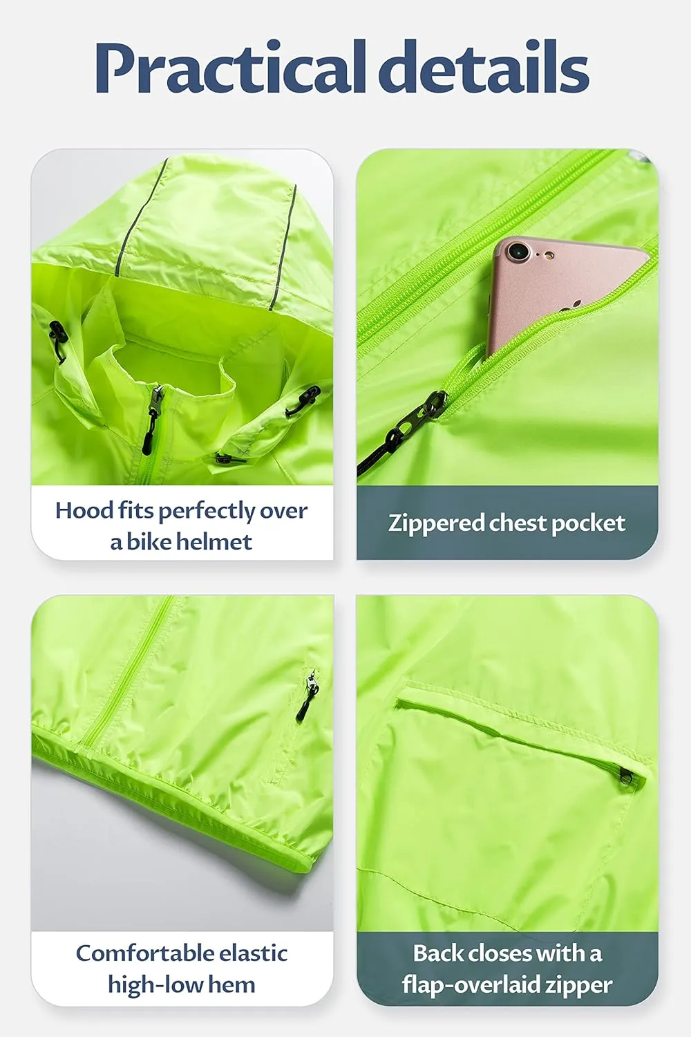 CREATMO US Men's Packable Waterproof Running Rain Coats Reflective Cycling Jacket Windbreaker With Removable Hood