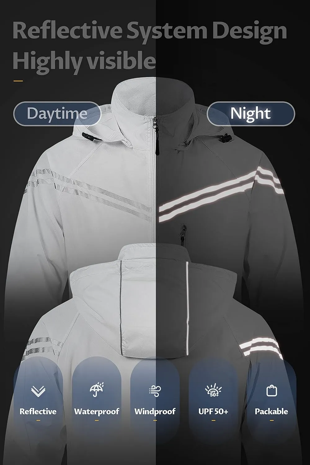 CREATMO US Men's Packable Waterproof Running Rain Coats Reflective Cycling Jacket Windbreaker With Removable Hood