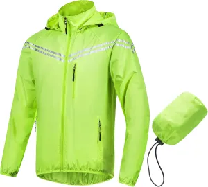 CREATMO US Men's Packable Waterproof Running Rain Coats Reflective Cycling Jacket Windbreaker With Removable Hood