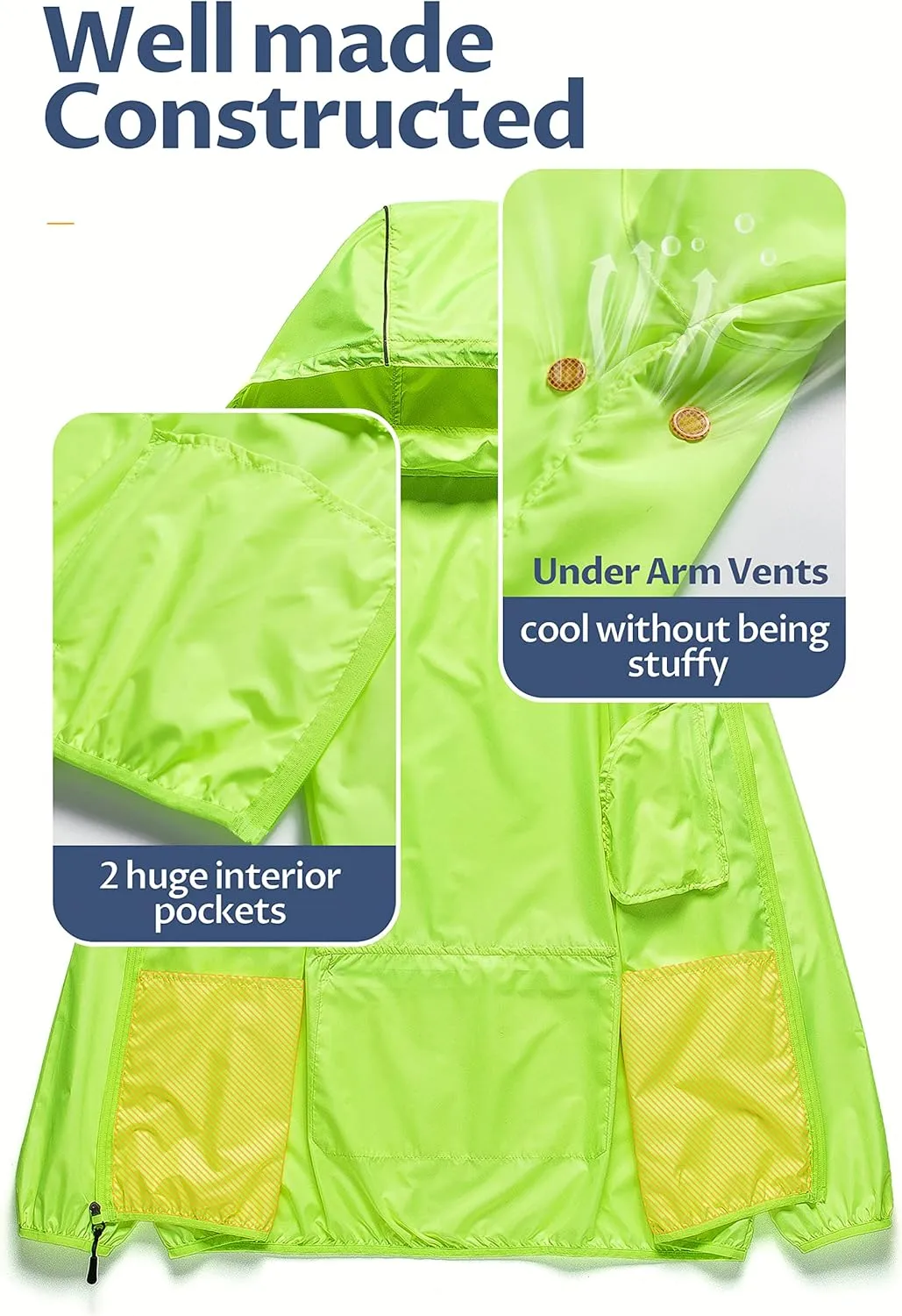 CREATMO US Men's Packable Waterproof Running Rain Coats Reflective Cycling Jacket Windbreaker With Removable Hood
