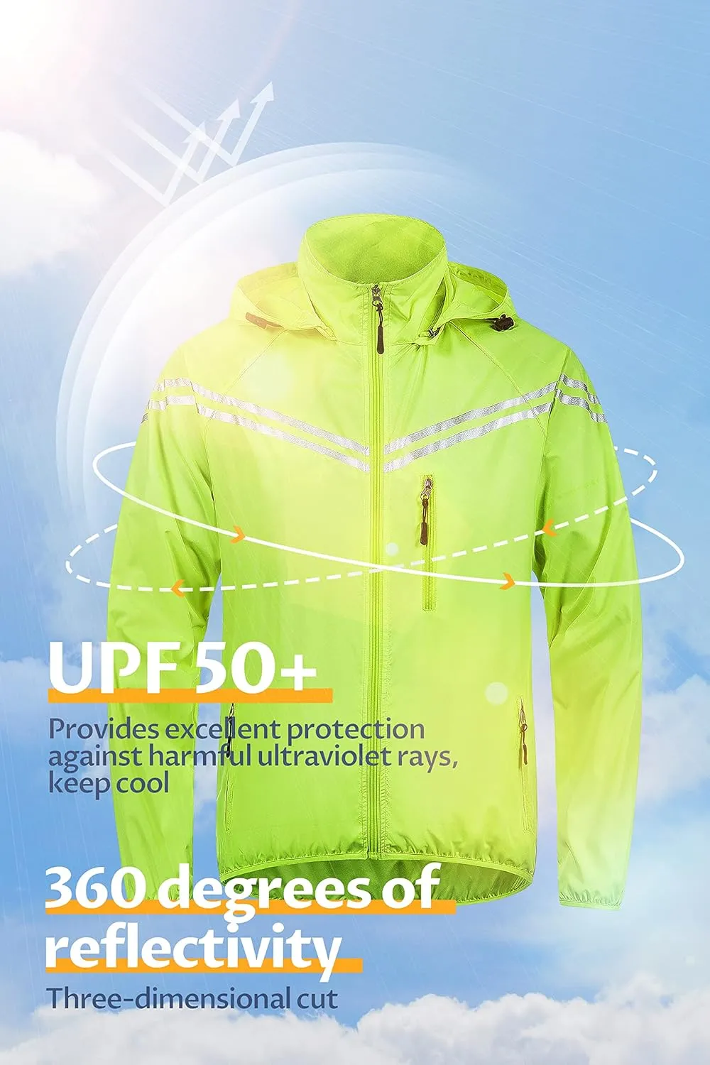 CREATMO US Men's Packable Waterproof Running Rain Coats Reflective Cycling Jacket Windbreaker With Removable Hood