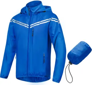 CREATMO US Men's Packable Waterproof Running Rain Coats Reflective Cycling Jacket Windbreaker With Removable Hood