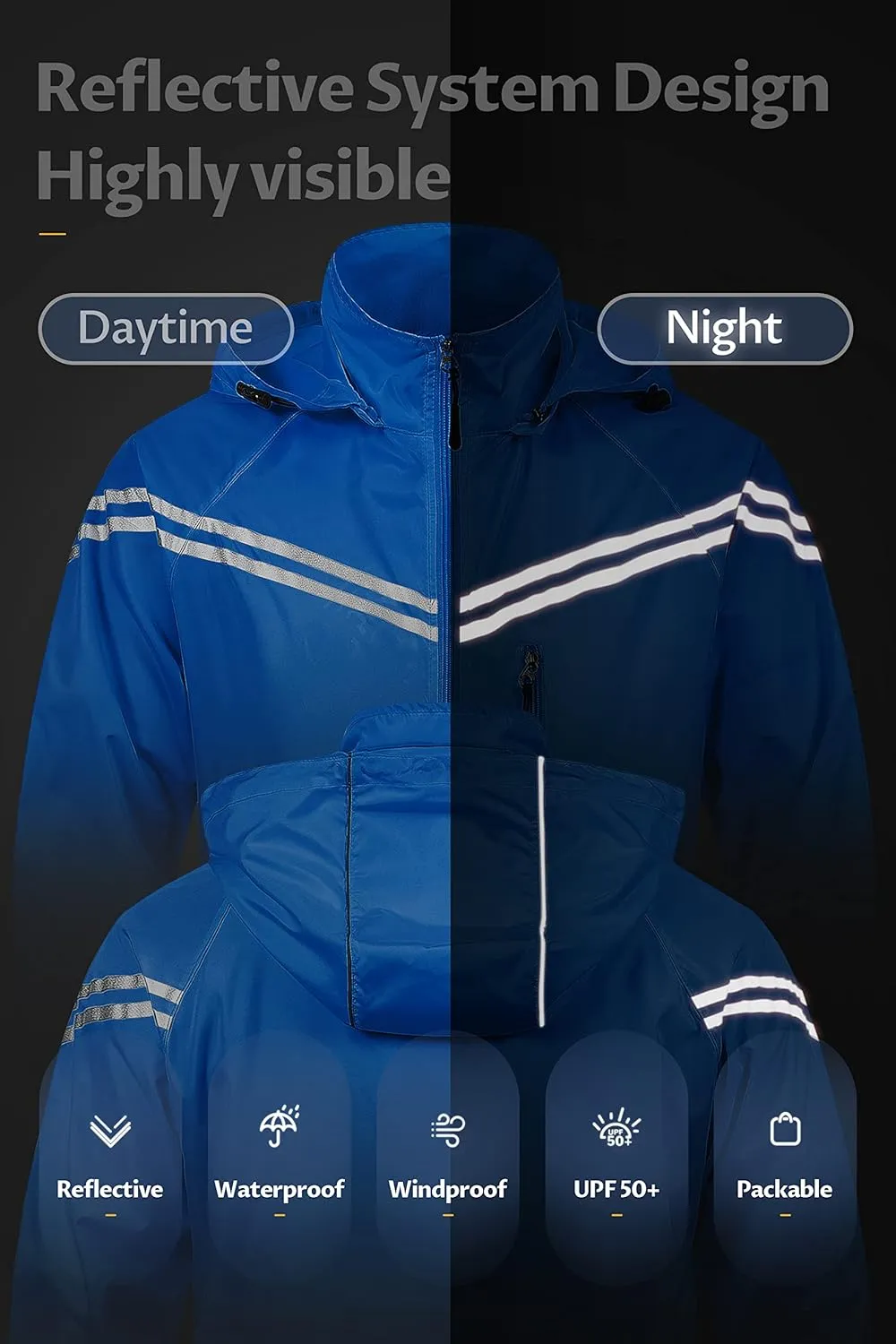 CREATMO US Men's Packable Waterproof Running Rain Coats Reflective Cycling Jacket Windbreaker With Removable Hood