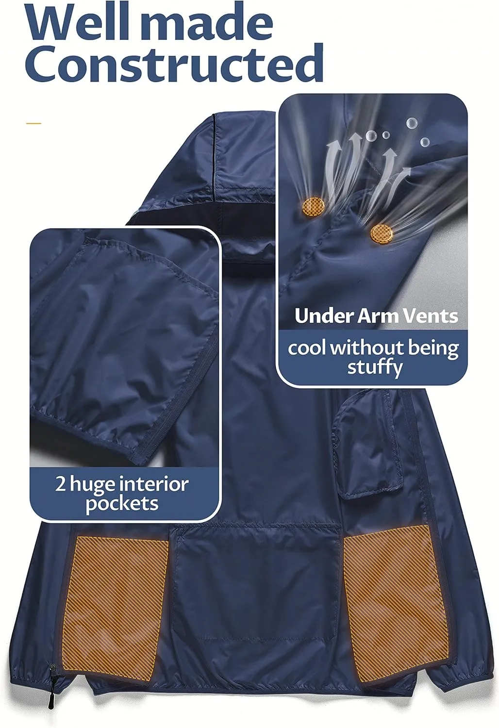 CREATMO US Men's Packable Waterproof Running Rain Coats Reflective Cycling Jacket Windbreaker With Removable Hood