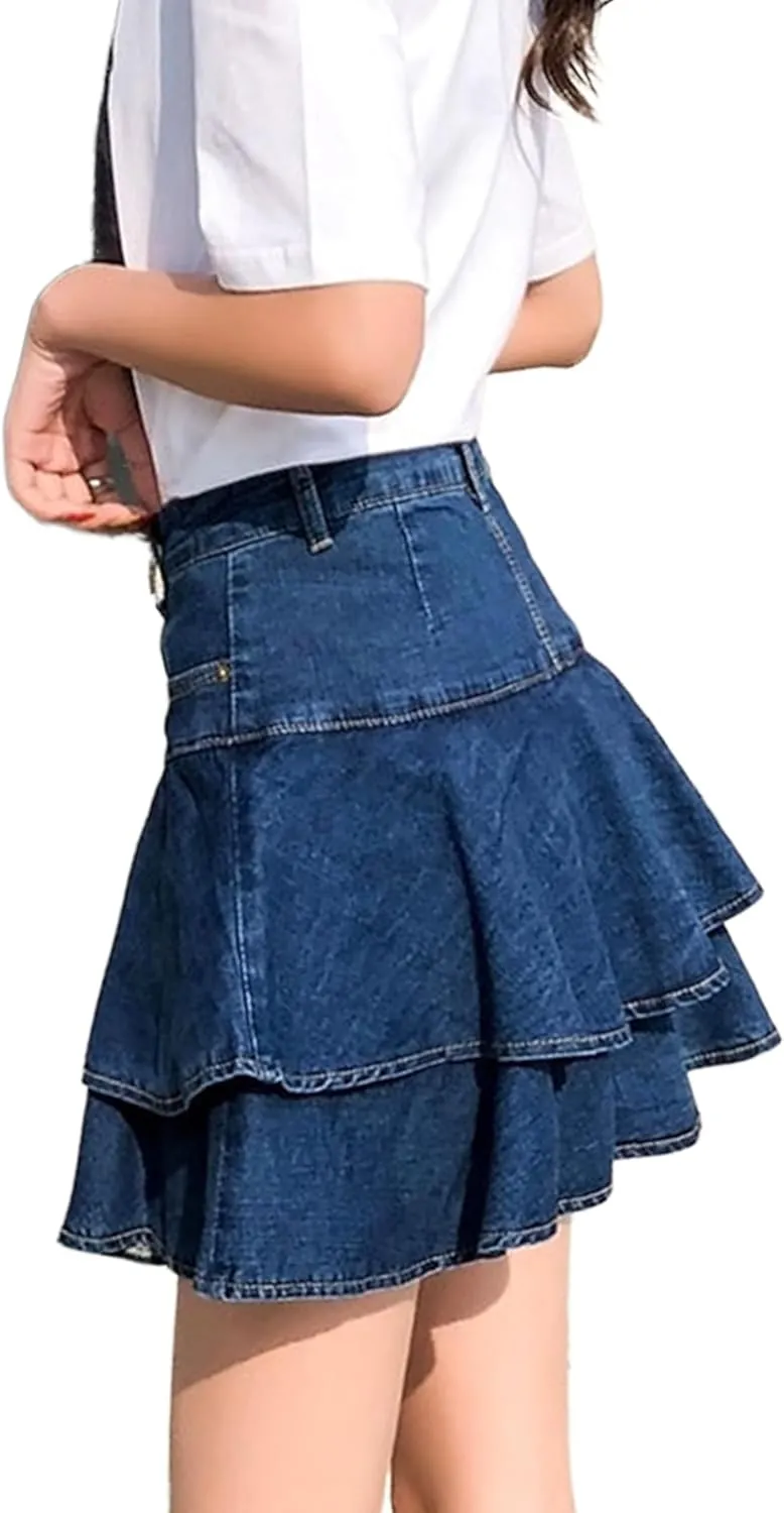 Dqbeng Women's A Line Denim Ruffle Skirt Y2K Pleated Mini Jean Skirts with Pockets