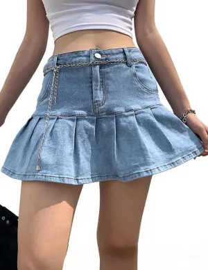 Dqbeng Women's A Line Denim Ruffle Skirt Y2K Pleated Mini Jean Skirts with Pockets
