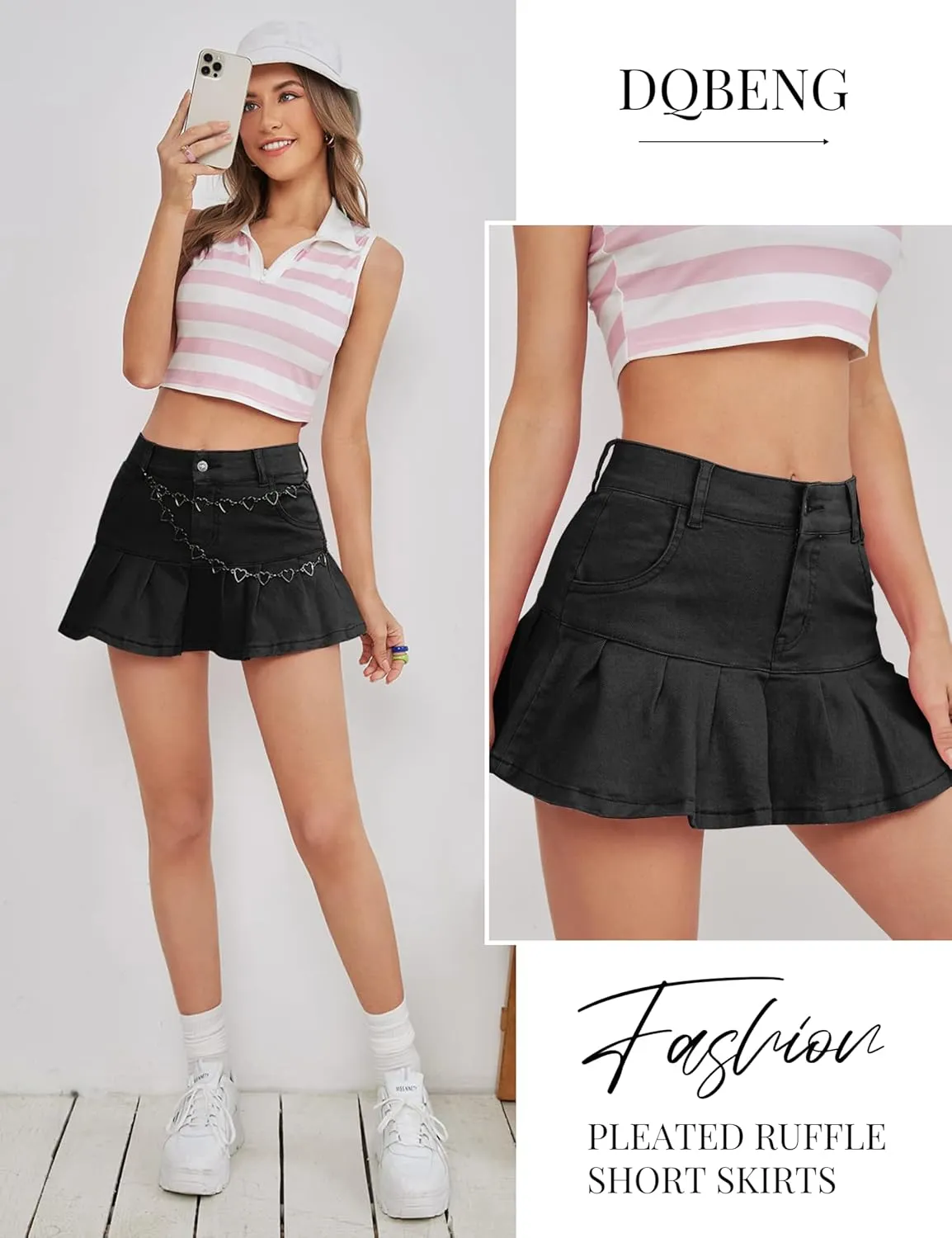 Dqbeng Women's A Line Denim Ruffle Skirt Y2K Pleated Mini Jean Skirts with Pockets