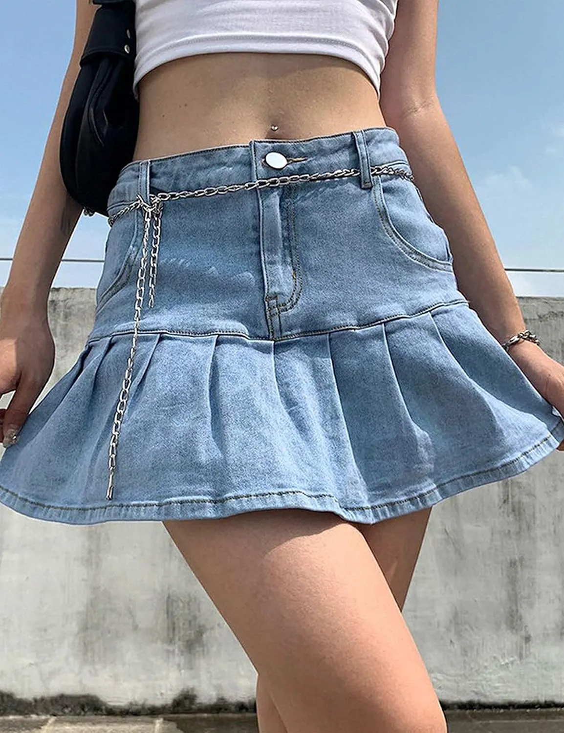 Dqbeng Women's A Line Denim Ruffle Skirt Y2K Pleated Mini Jean Skirts with Pockets