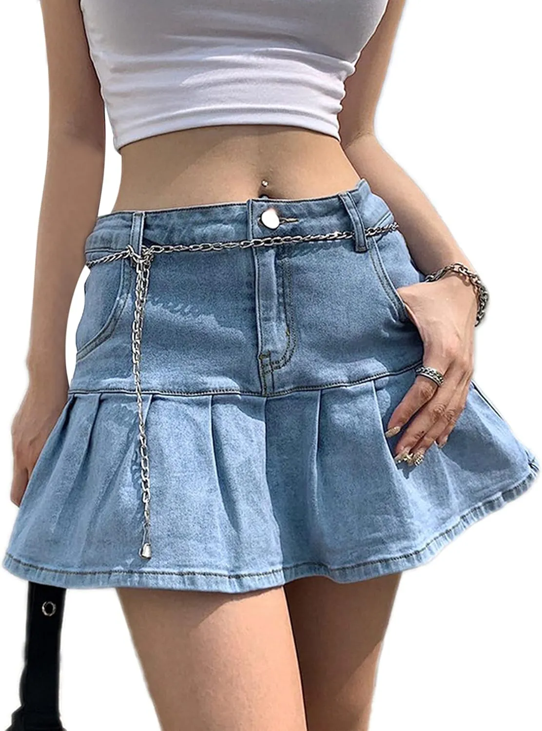 Dqbeng Women's A Line Denim Ruffle Skirt Y2K Pleated Mini Jean Skirts with Pockets