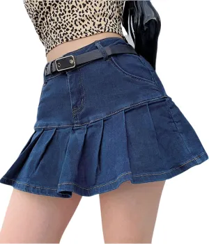 Dqbeng Women's A Line Denim Ruffle Skirt Y2K Pleated Mini Jean Skirts with Pockets