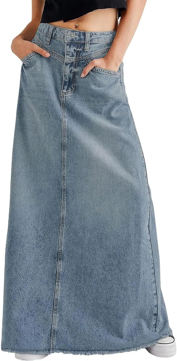 ebossy Women's Retro Distressed High Waist Frayed Raw Hem A Line Maxi Long Denim Skirt