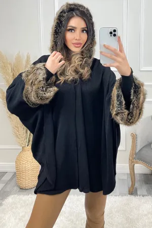 Elia Black Faux Fur Trim Hooded Cape