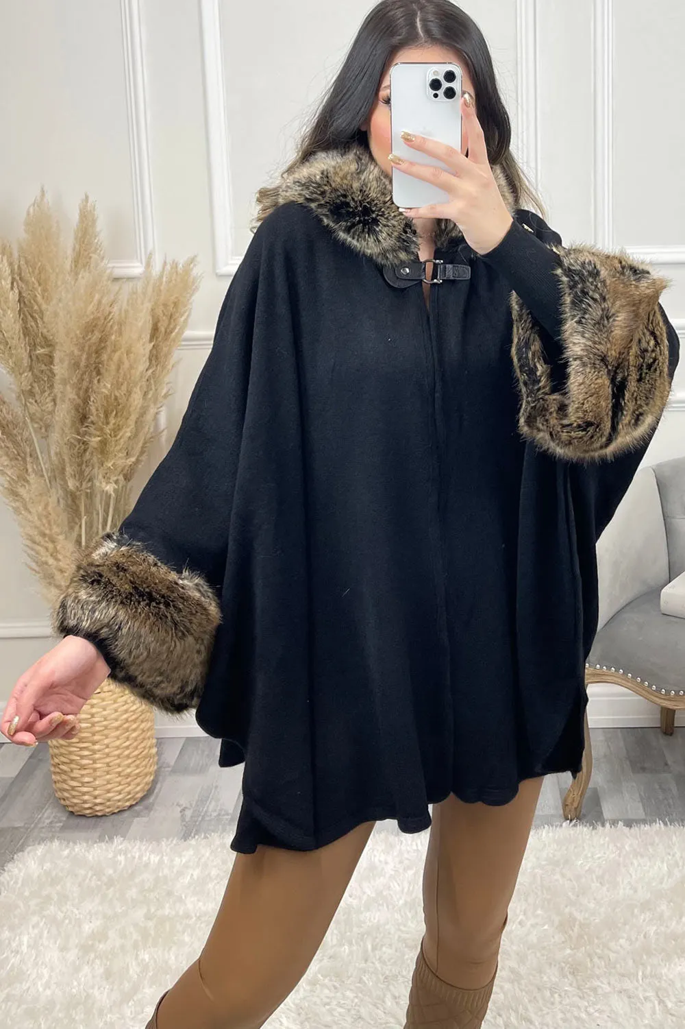 Elia Black Faux Fur Trim Hooded Cape