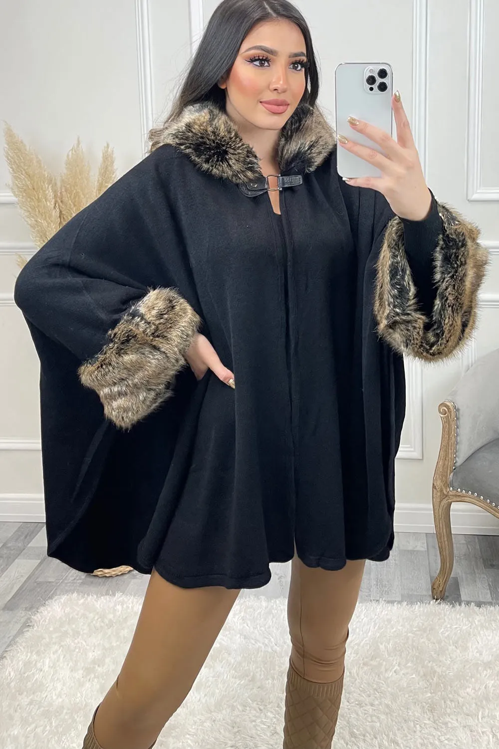 Elia Black Faux Fur Trim Hooded Cape