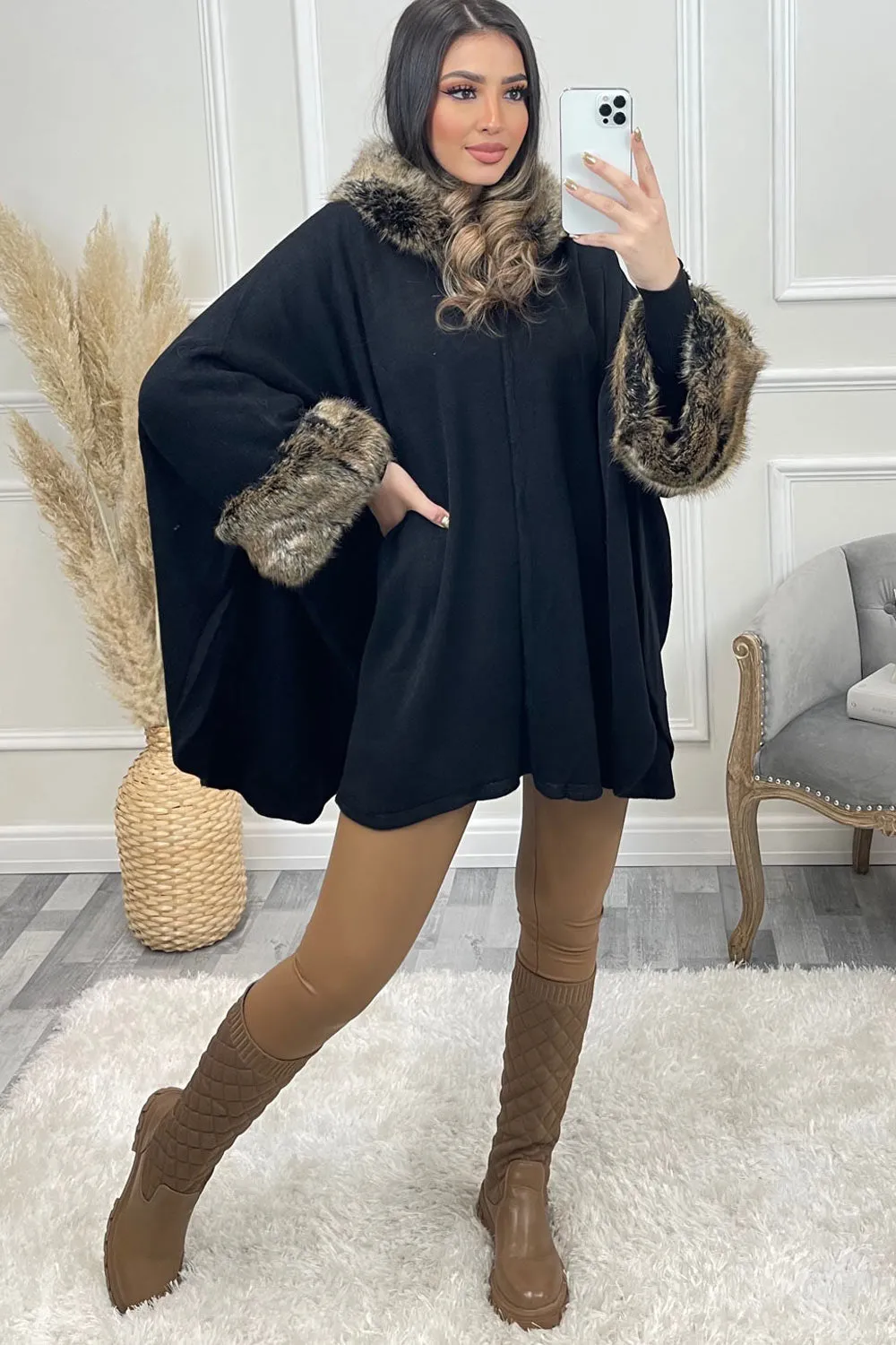 Elia Black Faux Fur Trim Hooded Cape