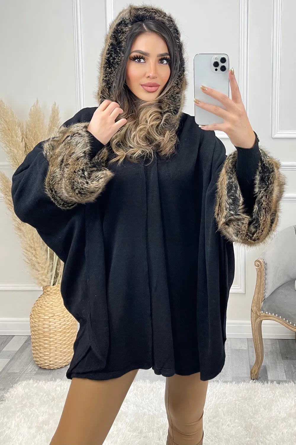 Elia Black Faux Fur Trim Hooded Cape