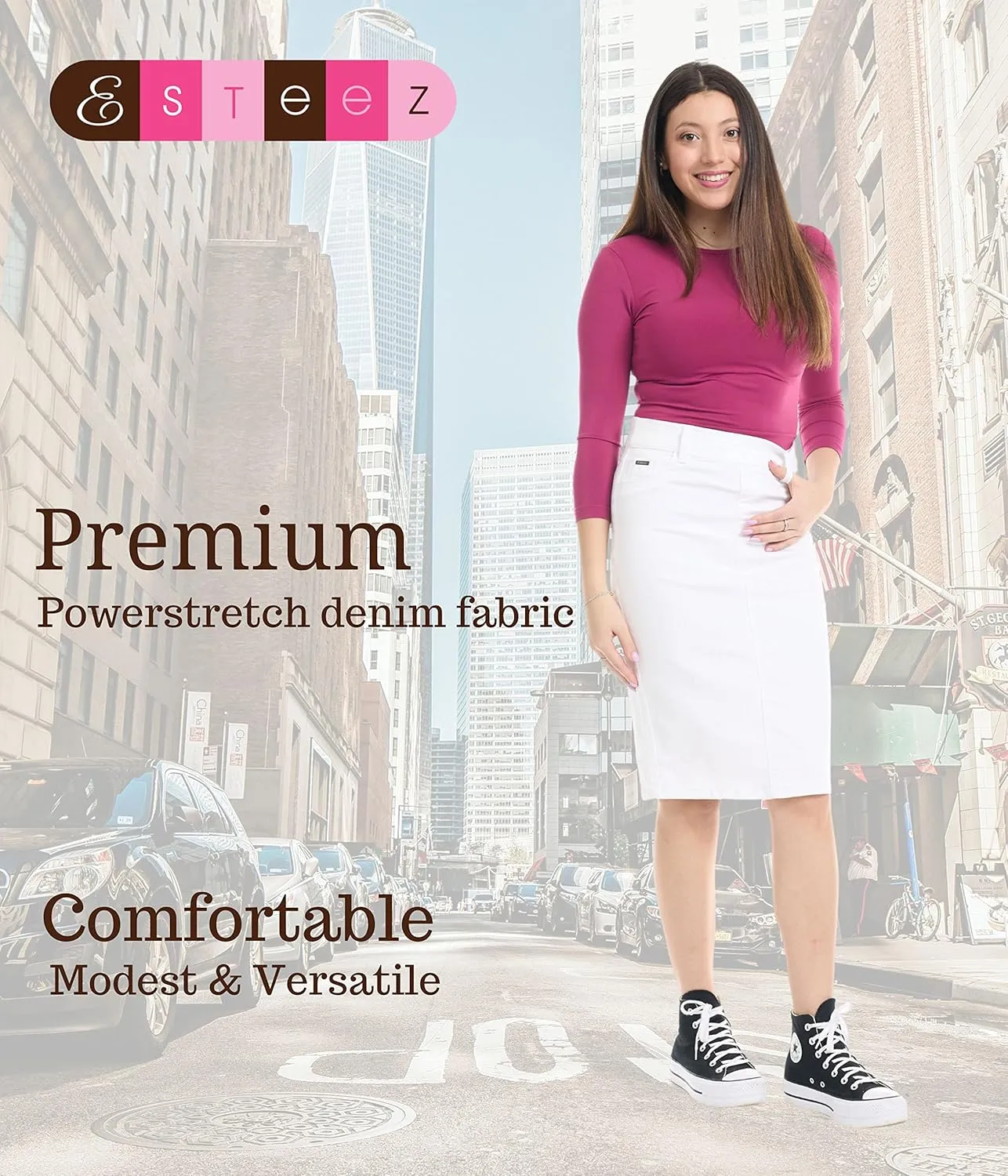 ESTEEZ Women's Stretch Denim Pencil Skirt  Soft, Flexible, Body-Hugging, Knee-Length Jean Skirt Brooklyn