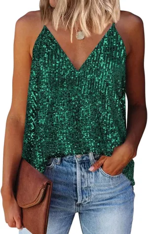 EUDOLAH Sequin Tops for Women Sparkle Camisole Shimmer Sleeveless V Neck Tanks Sexy Party Cami Going Out Outfits