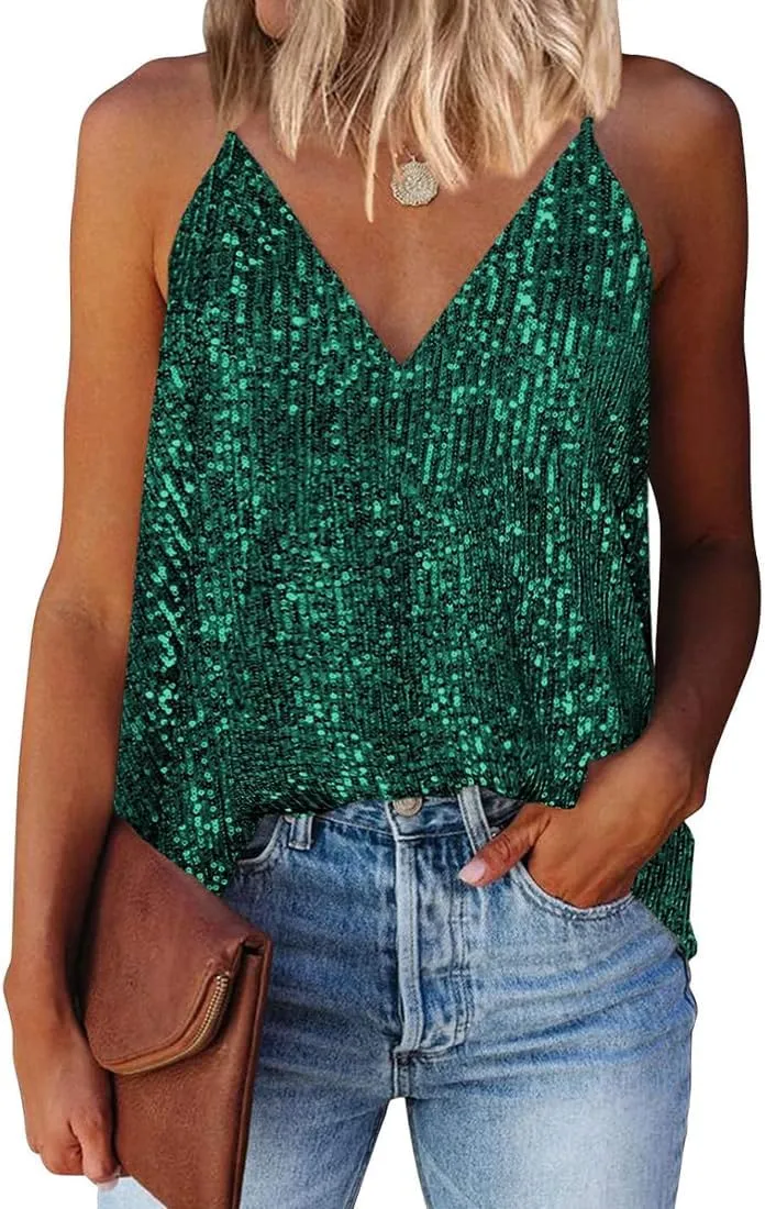 EUDOLAH Sequin Tops for Women Sparkle Camisole Shimmer Sleeveless V Neck Tanks Sexy Party Cami Going Out Outfits