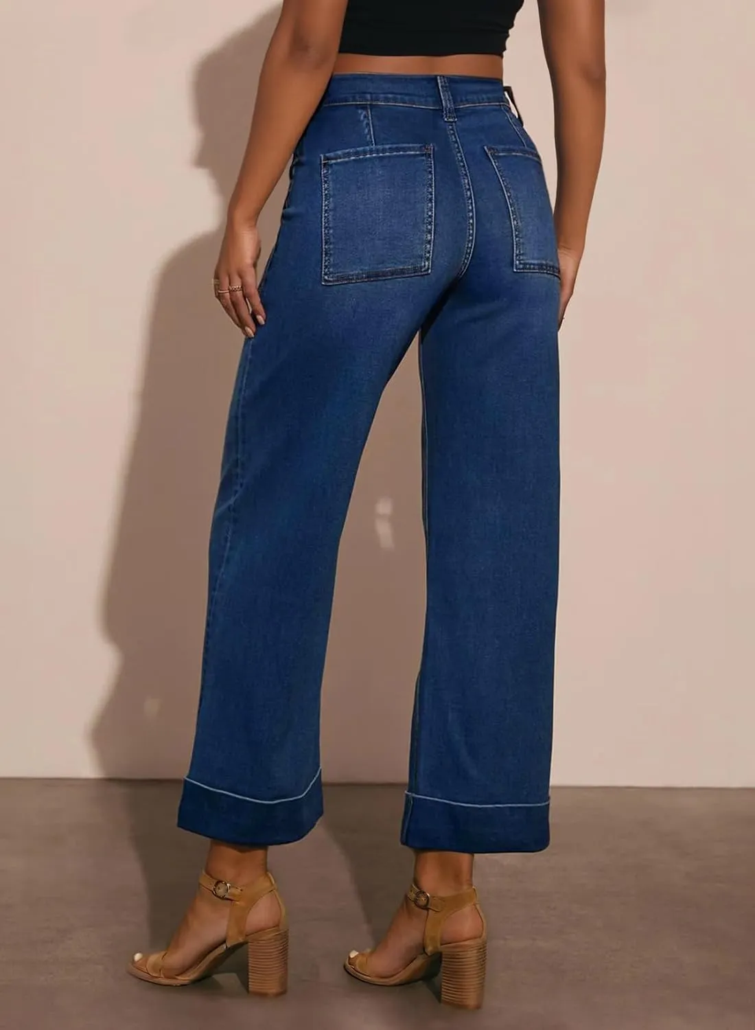 EVALESS Womens High Waist Wide Leg Jeans Trendy Cropped Denim Pants Solid Ankle Length Stretchy Jeans with Pockets