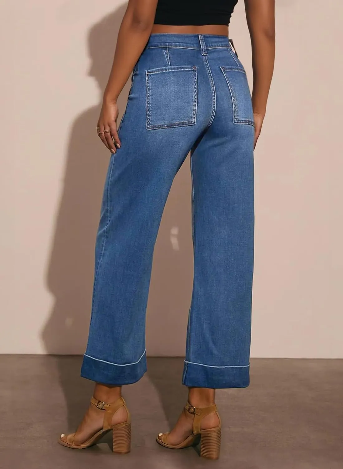 EVALESS Womens High Waist Wide Leg Jeans Trendy Cropped Denim Pants Solid Ankle Length Stretchy Jeans with Pockets