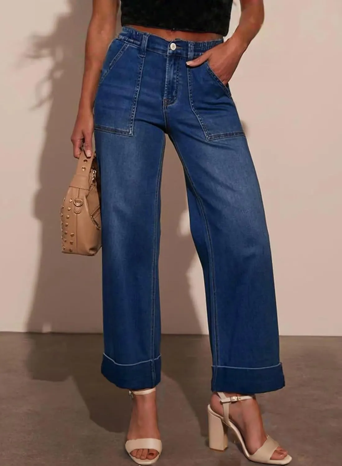 EVALESS Womens High Waist Wide Leg Jeans Trendy Cropped Denim Pants Solid Ankle Length Stretchy Jeans with Pockets